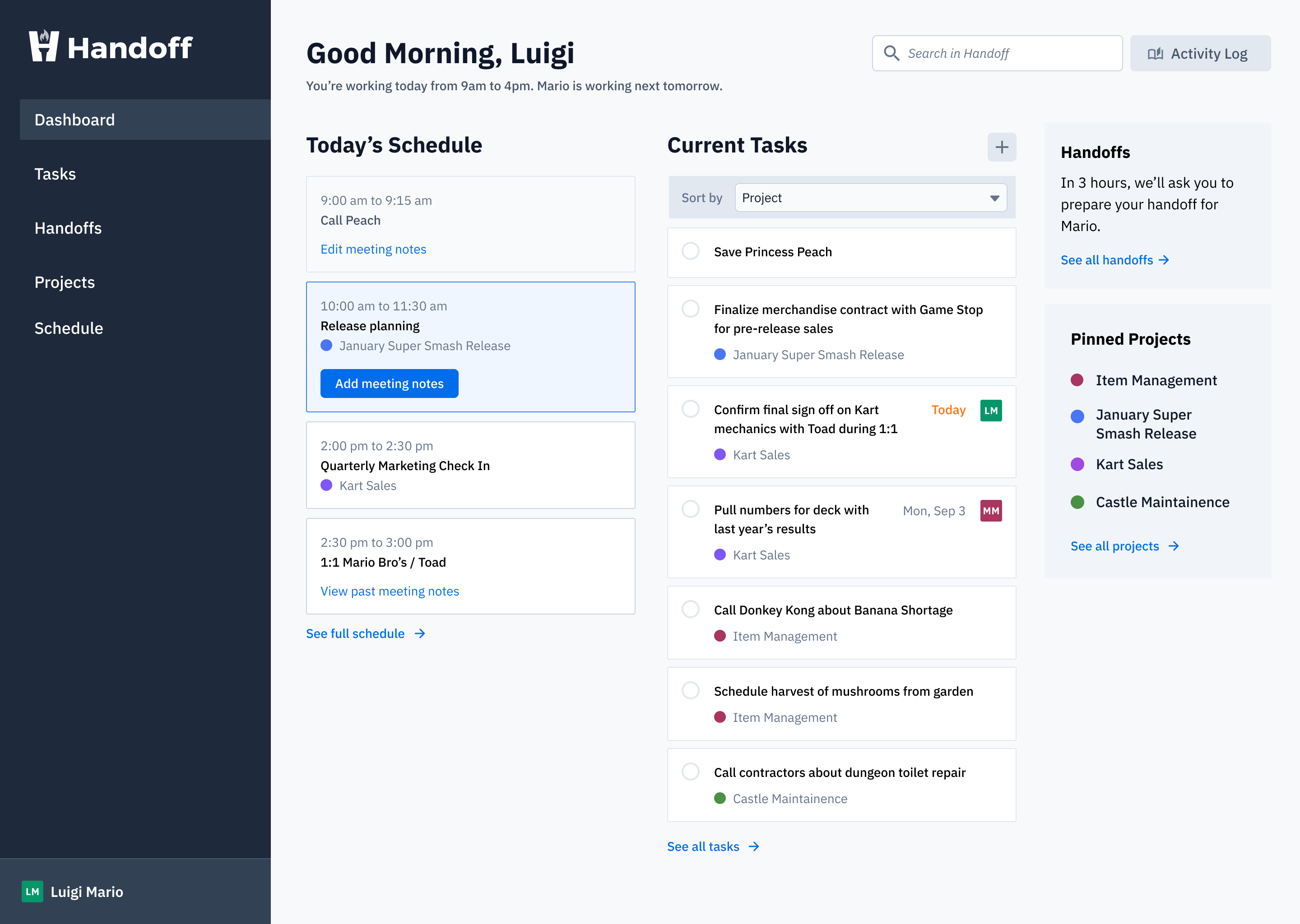 A dashboard designed for the product Handoff, meant to be used by two job partners.